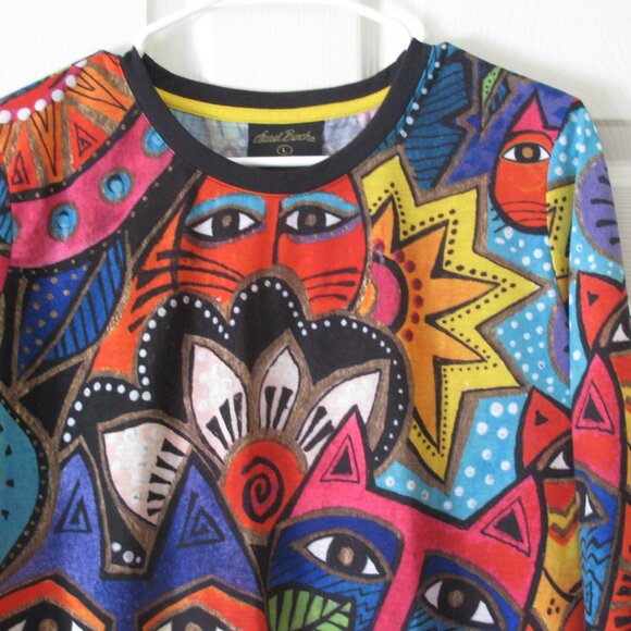 Laurel Burch Top Blouse Large EUC Colorful Cats Cat 3/4 Sleeve FINAL - Picture 2 of 5
